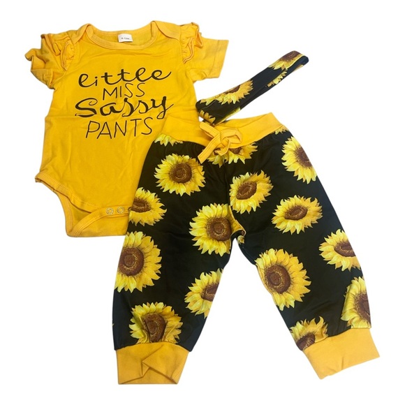 Baby Girl “Little Miss Sassy” Yellow Sunflower Outfit Set size 6-12 Months - Picture 1 of 11